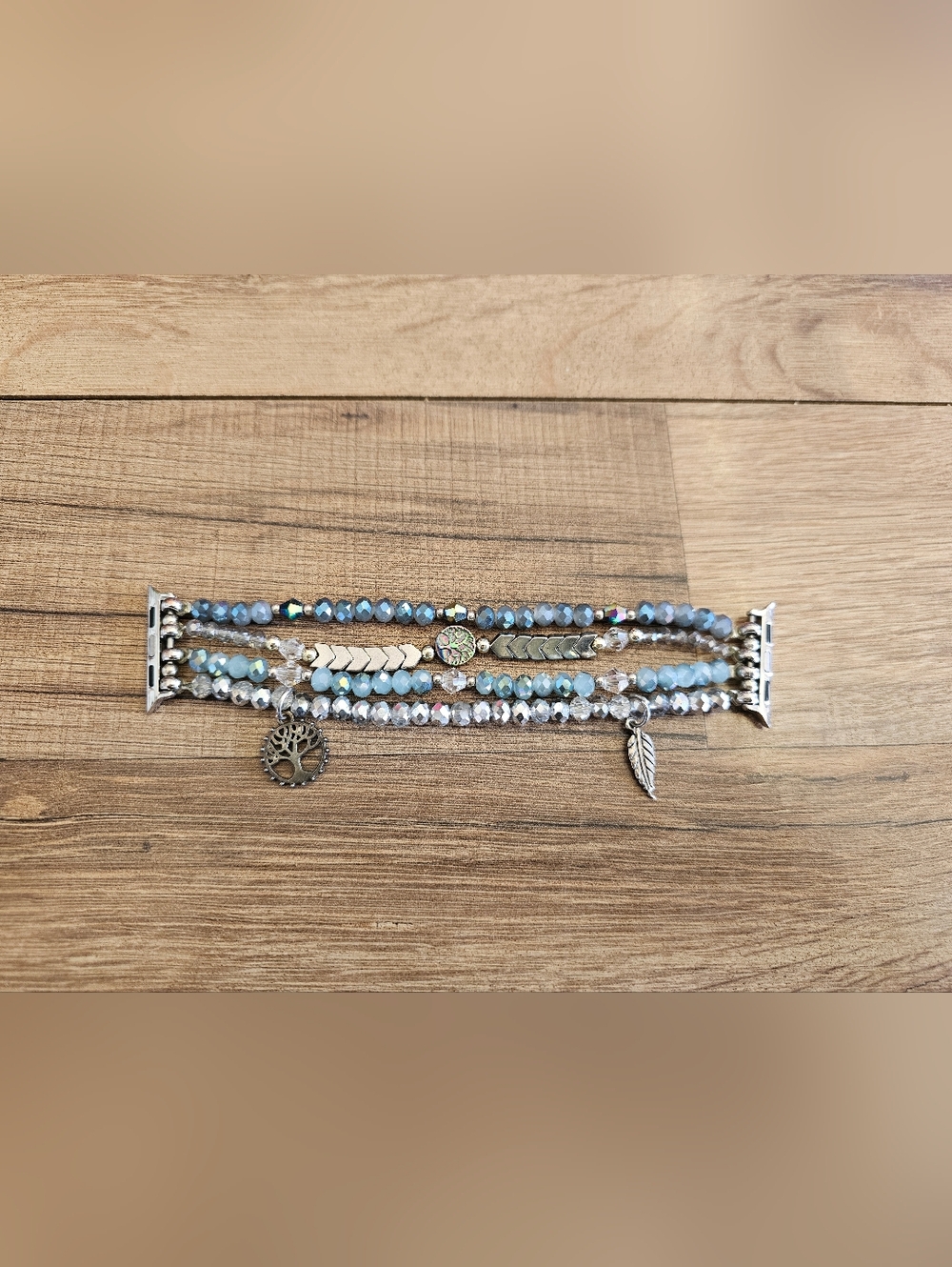 Blue Multi-Strand Beaded Charm Bracelet with Leaf and Tree Accents